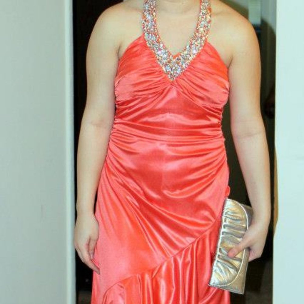 Deb Mermaid Orange Ruffled Jeweled Backless Tie Up Sleeveless Long Gown Dress